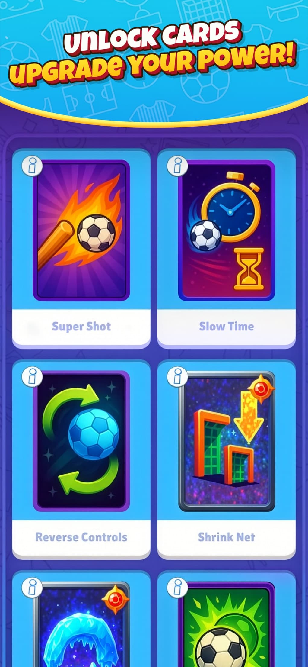 DoGoal cards: Super Shot, Slow Time, Reverse Controls and Shrink Net