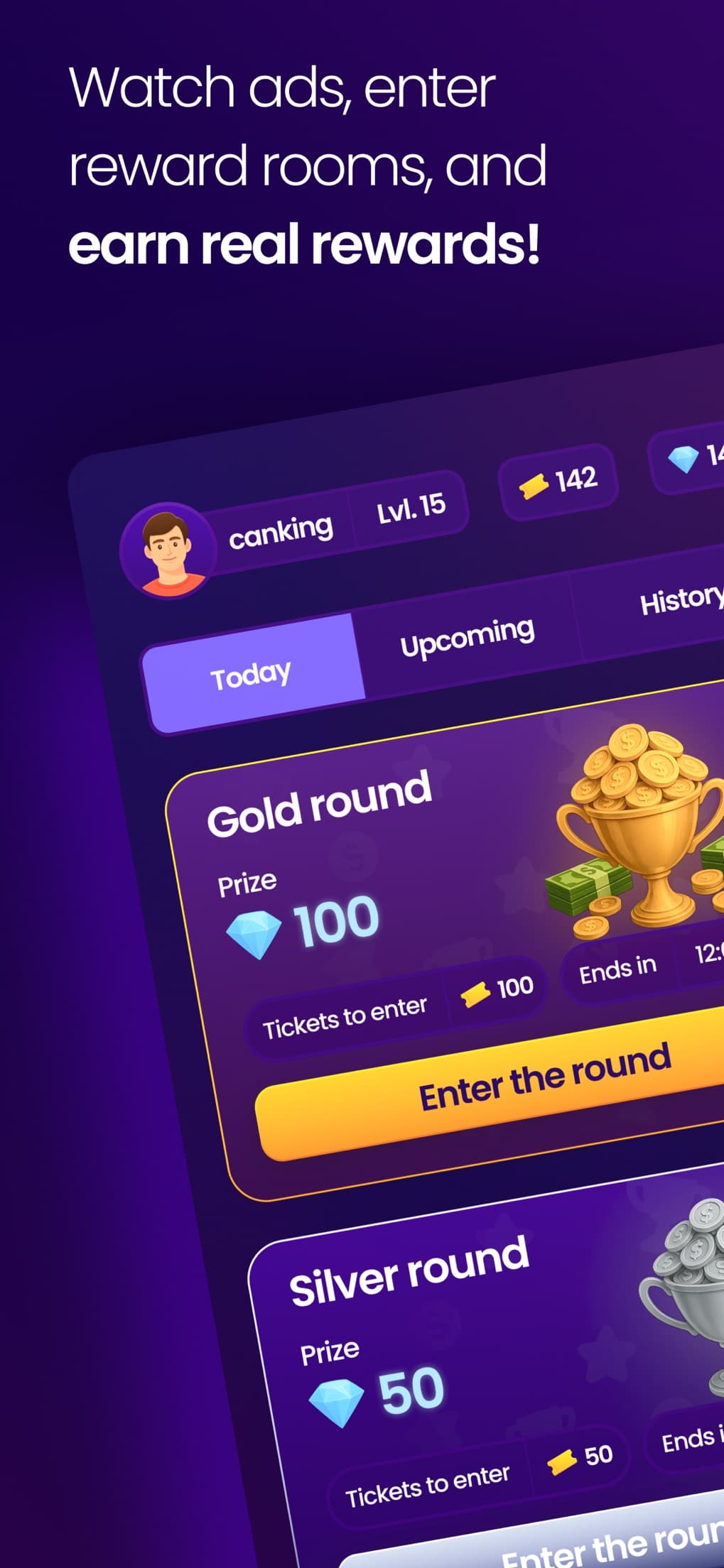 Vinty reward rooms: a gold round with a 100-ticket prize and a silver round